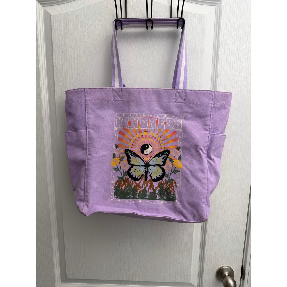 Purple Canvas Tote Bag Butterfly Graphic Zipper Top Multi Pocket
